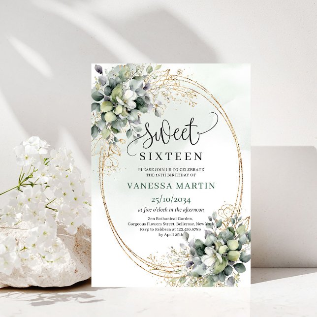 Convite de Aniversário de 16 anos com Aquarela Bot (Botanical Watercolor Sweet 16 Birthday Invitation)