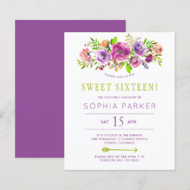 Convite de aniversário de 16 anos doce e roxo flor