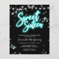Convite de aniversário de 16 anos doce Neon Teal o