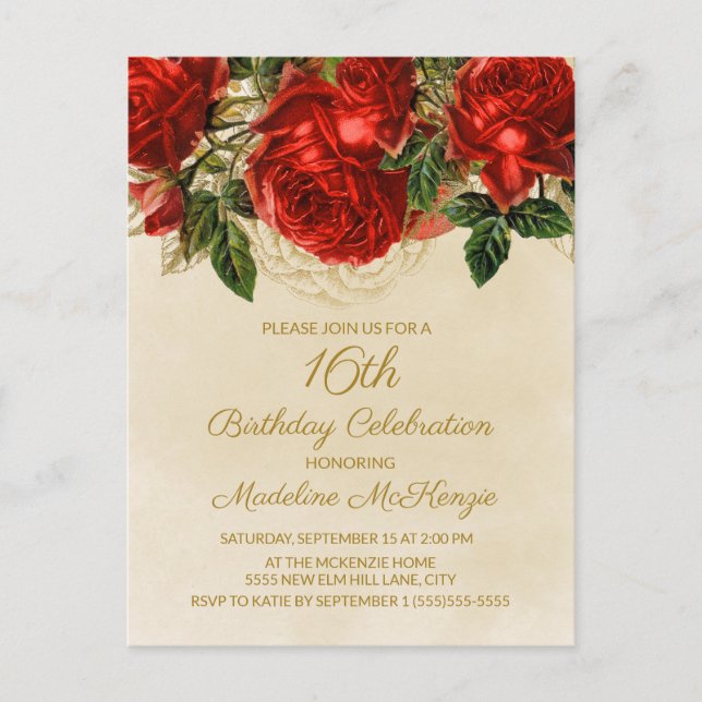 Convite de Aniversário de 16 Anos Elegant Red Rose (Frente)