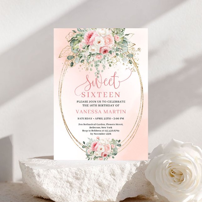 Convite de Aniversário de 16 Anos Floral Romântico (Romantic Blush Floral Sweet 16 Birthday Invitation)