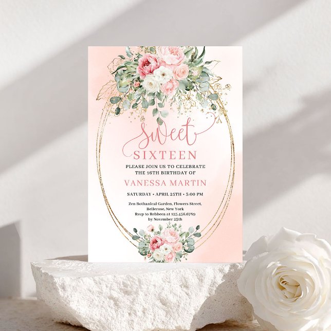 Convite de Aniversário de 16 Anos Glam Blush Rose  (Glam Blush Rose Gold Frame 16th Birthday Invite)