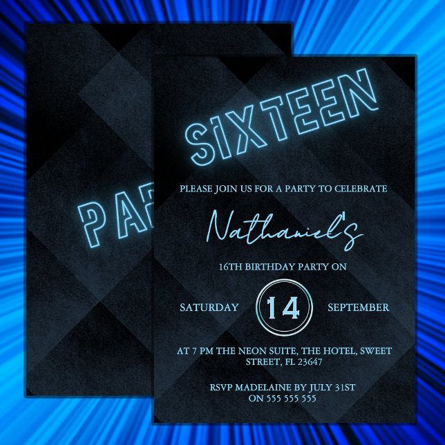 Convite de Aniversário de 16 Anos Neon Azul (Criador carregado)