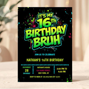 Convite de Aniversário de 16 Anos Neon para Menino
