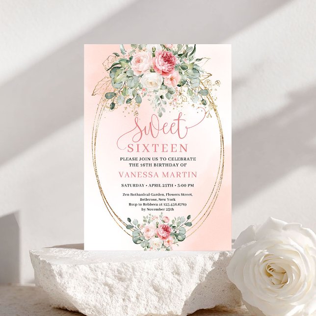 Convite de Aniversário de 16 Anos Princesa Blush R (Princess Blush Rose Gold Sweet 16 Birthday Invite)