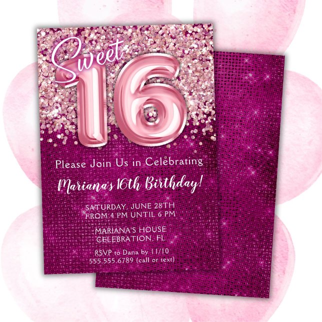 Convite de Aniversário de 16 Anos Rosa Magenta Doc (Criador carregado)