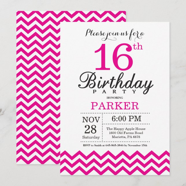 Convite de Aniversário de 16 Anos Rosa Quente Chev (Frente/Verso)