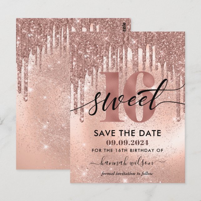 Convite de Aniversário de 16 Anos Rose Gold Save T (Frente/Verso)