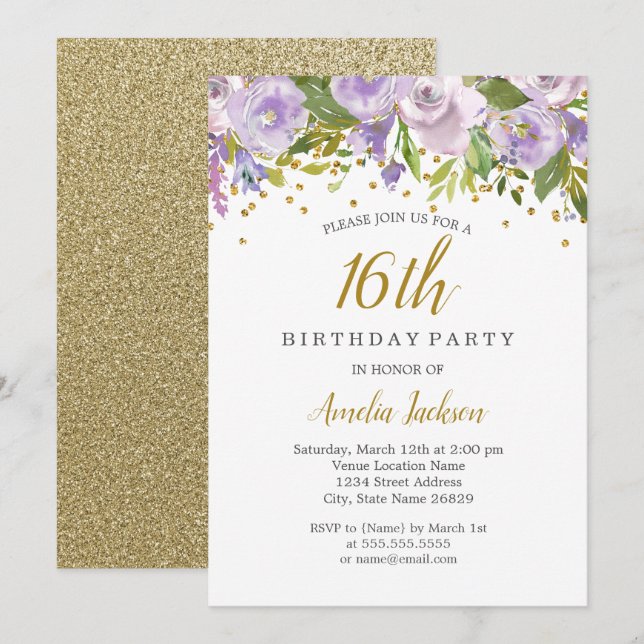 Convite de Aniversário de 16 anos Sparkle Floral R (Frente/Verso)
