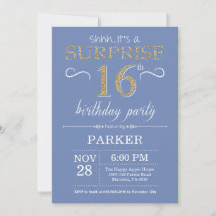 Convite de Aniversário de 16 Anos Surpresa Azul e 