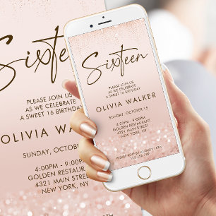 Convite de Aniversário de 16 Anos Sweet Rose Gold 
