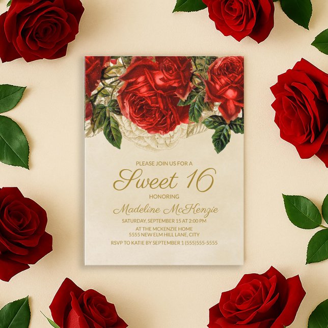 Convite de Aniversário de 16 Anos Tan Elegante Ros (Elegant red roses Sweet 16 birthday party invitation postcard)