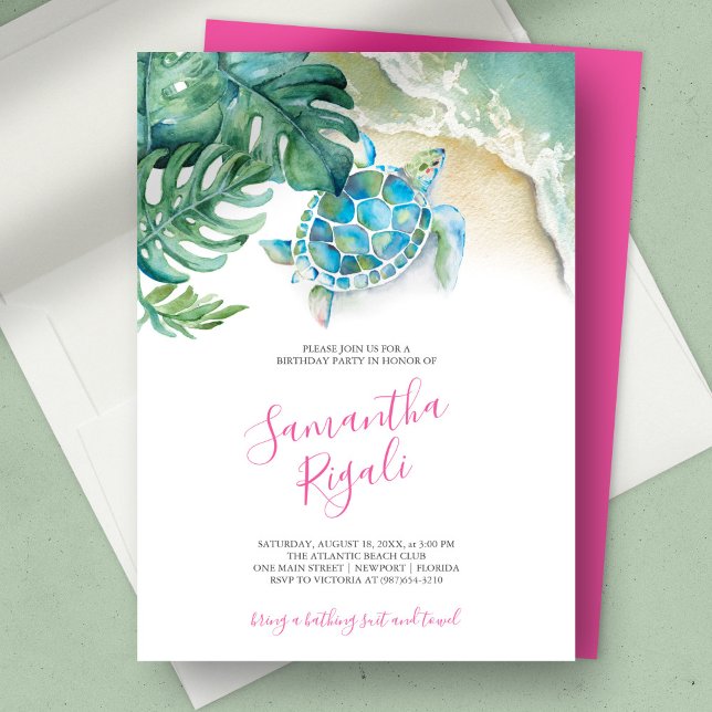 Convite de Aniversário de 16 Anos Tema Tropical (birthday party sweet 16 tropical luau sea turtle ocean waves green monstera palm leaves)