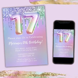 Convite de Aniversário de 17 Anos Brilho Rosa Roxo