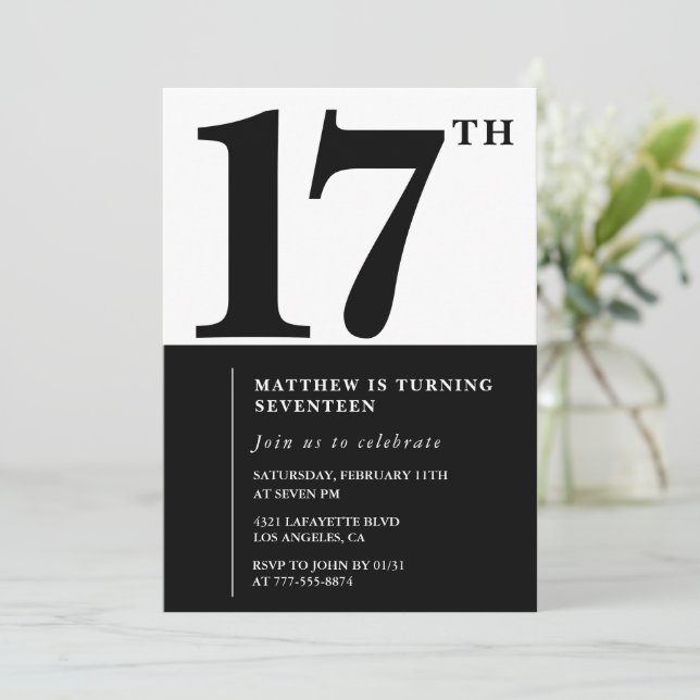 Convite de aniversário de 17 anos elegante Black C (Em pé/Frente)