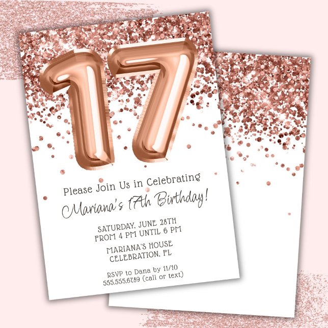 Convite de Aniversário de 17 Anos Rose Gold (Criador carregado)