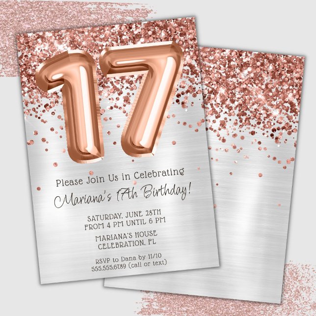 Convite de Aniversário de 17 Anos Rose Gold Silver (Criador carregado)