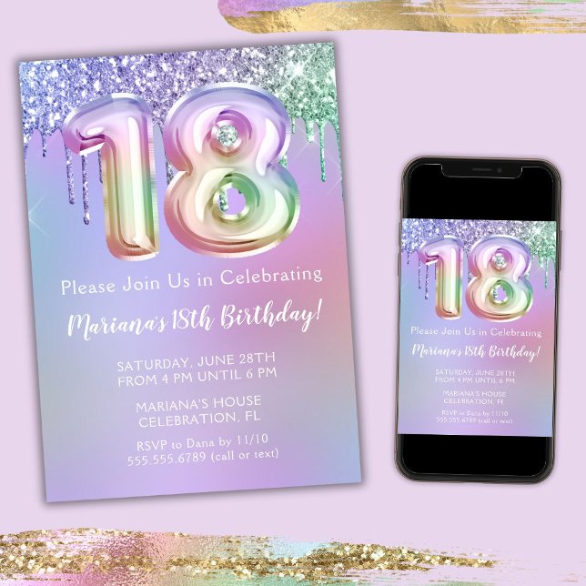 Convite de Aniversário de 18 Anos Brilho Rosa Roxo (Criador carregado)