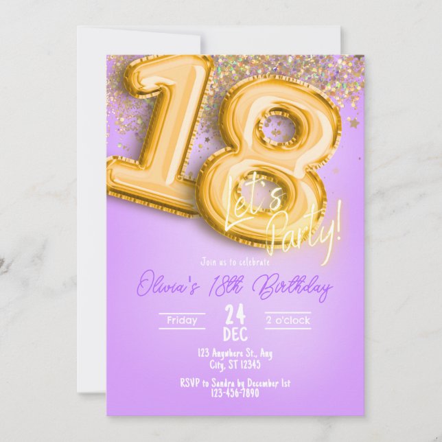 Convite de Aniversário de 18 anos com Brilho Roxo (Frente)