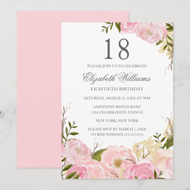 Convite de Aniversário de 18 Anos com Floral Aquar (Frente/Verso)