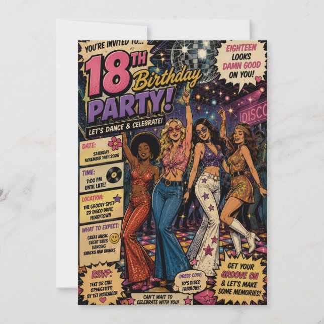 Convite de aniversário de 18 anos disco Groovy dos (Frente)