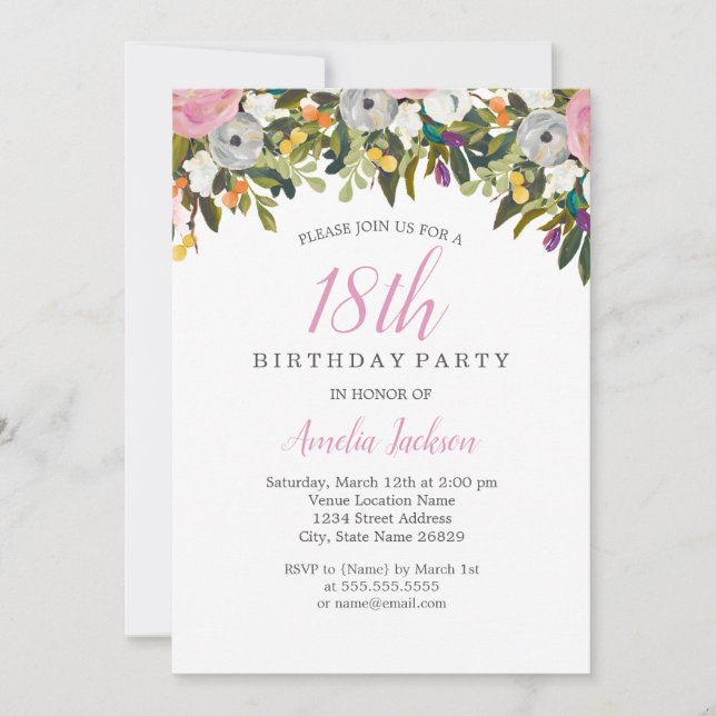 Convite de Aniversário de 18 Anos Floral Rosa Mode (Frente)