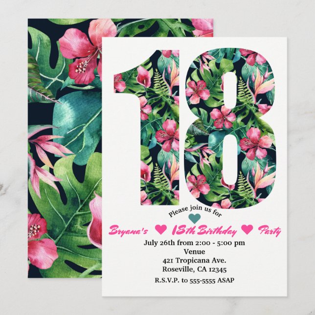 Convite de Aniversário de 18 Anos Floral Tropical (Frente/Verso)