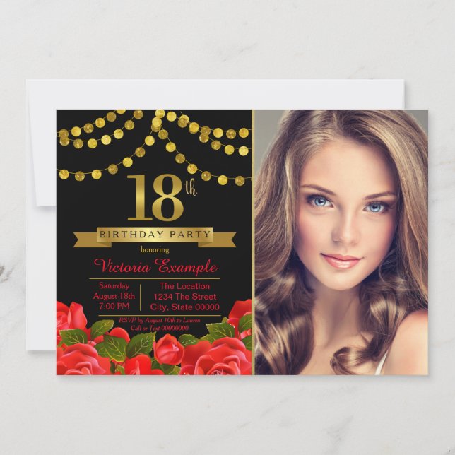 Convite de Aniversário de 18 Anos Red Black Gold (Frente)