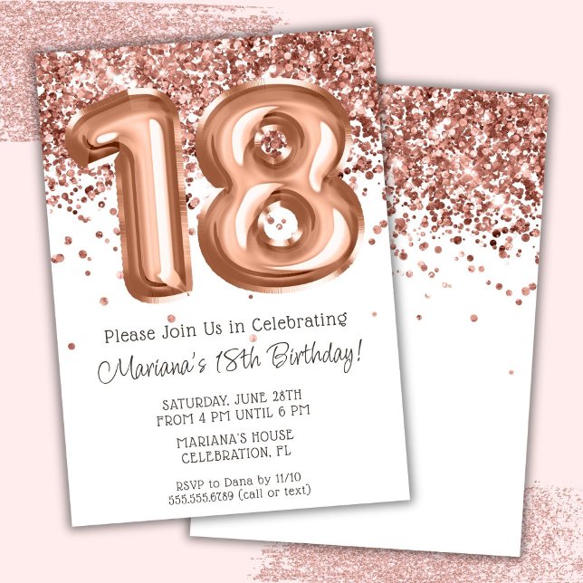 Convite de Aniversário de 18 Anos Rose Gold (Criador carregado)