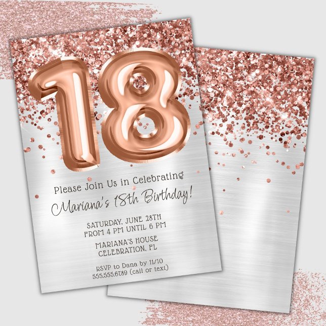 Convite de Aniversário de 18 Anos Rose Gold Prata (Criador carregado)