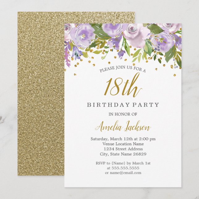 Convite de Aniversário de 18 Anos Sparkle Floral R (Frente/Verso)