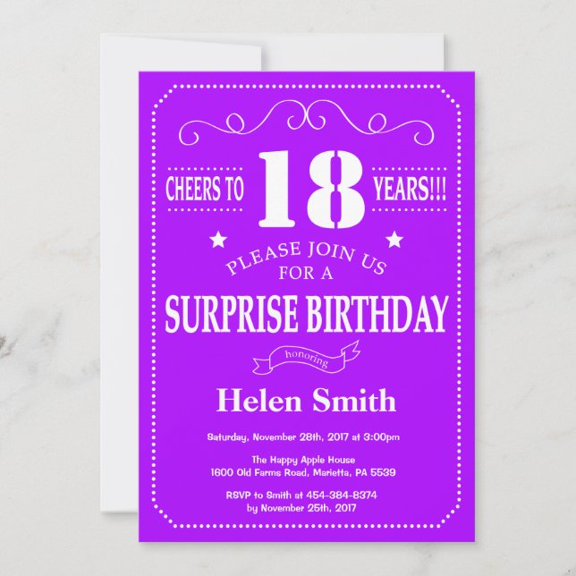 Convite de Aniversário de 18 anos Surpresa Roxo e  (Frente)