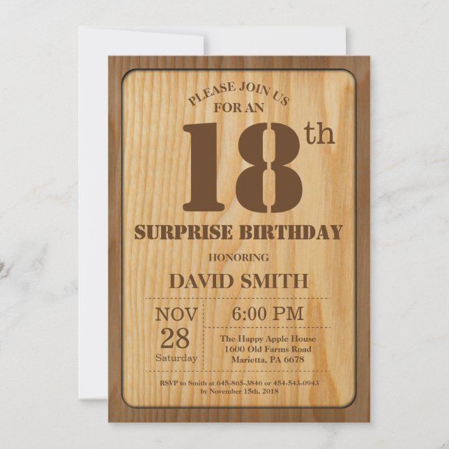 Convite de Aniversário de 18 Anos Surpresa Rústica (Frente)
