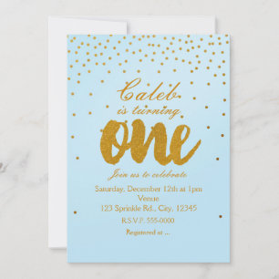Convite de Aniversário de 1 Ano Azul Claro e Doura