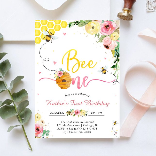 Convite de Aniversário de 1 Ano Bee One Honey Bee  (Criador carregado)