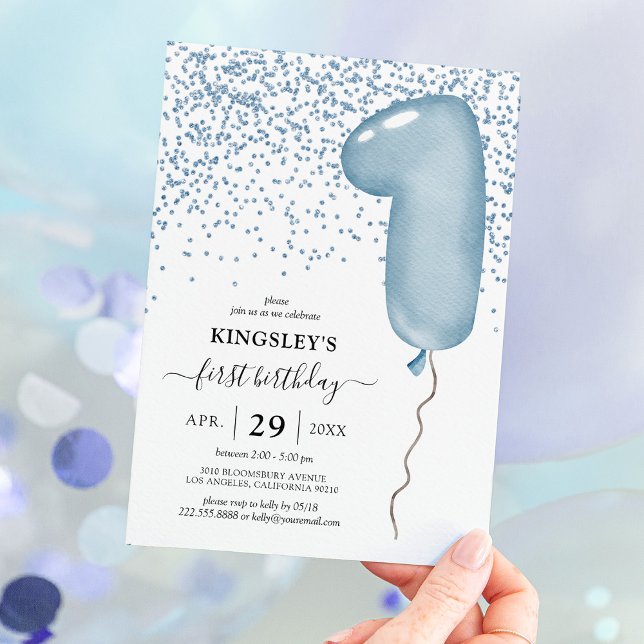 Convite de Aniversário de 1 Ano Blue Balloon (Criador carregado)
