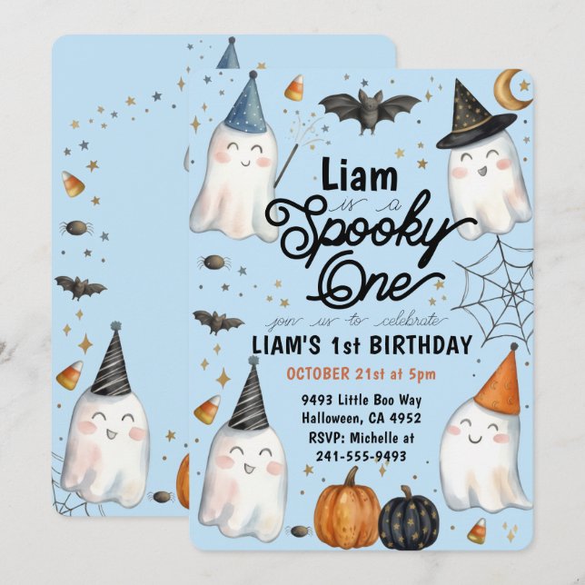 Convite de Aniversário de 1 ano Blue light  Spooky (Frente/Verso)