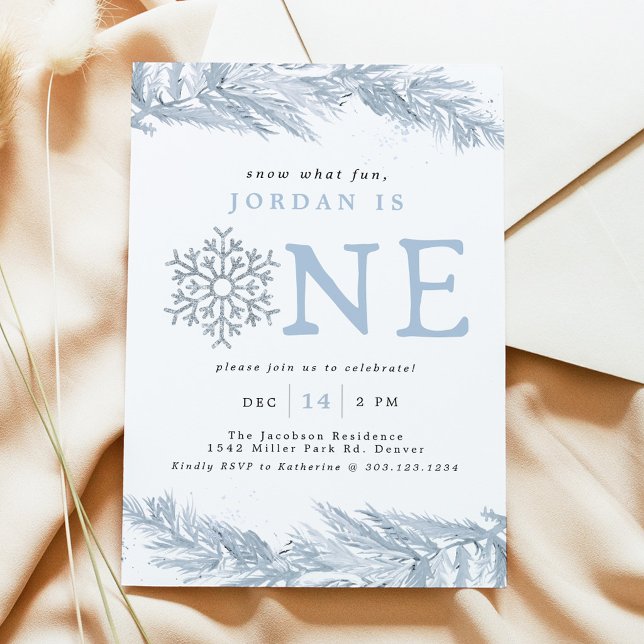 Convite de Aniversário de 1 ano Blue Snowflake, Ne (Snowflake Boy First Birthday Invitation, Snow What Fun Winter 1st Birthday Invite)