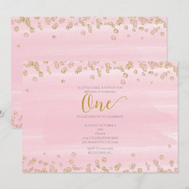 Convite de Aniversário de 1 ano Blush Pink & Gold  (Frente/Verso)
