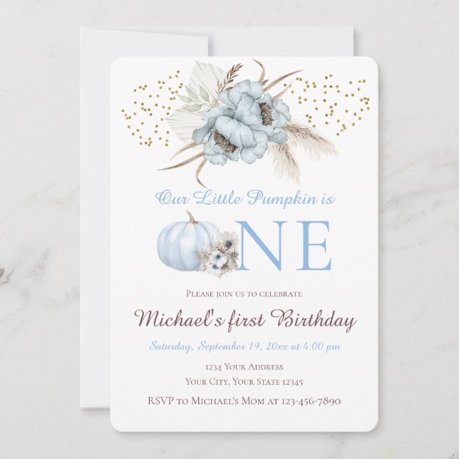 Convite de Aniversário de 1 Ano Boho Azul Abóbora  (Frente)