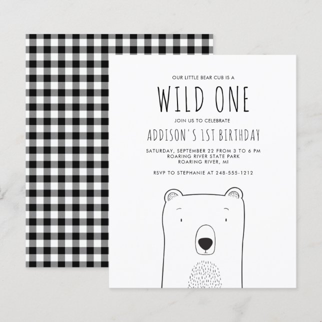 Convite de Aniversário de 1 Ano Budget Rustic Bear (Frente/Verso)