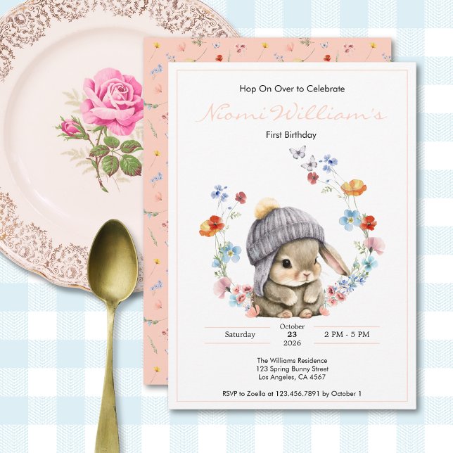 Convite de Aniversário de 1 Ano Coelhinho Aquarela (Cute Watercolor Bunny 1st Birthday Invitation 4)