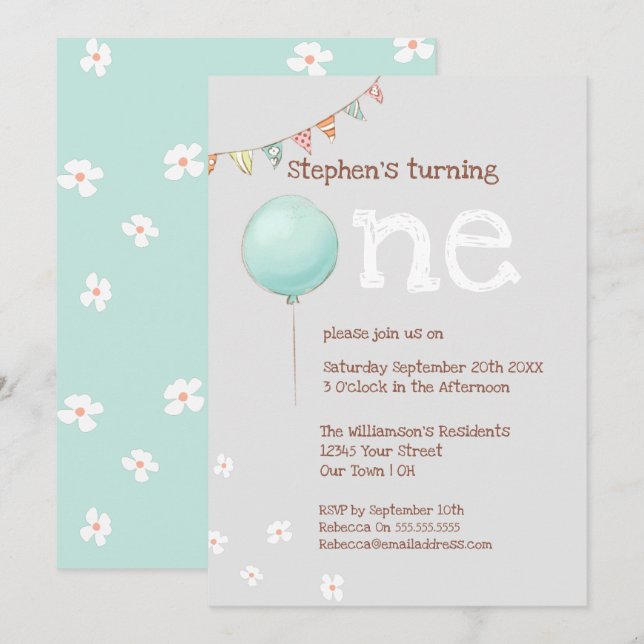 Convite de Aniversário de 1 ano com Balão & Bandei (Frente/Verso)