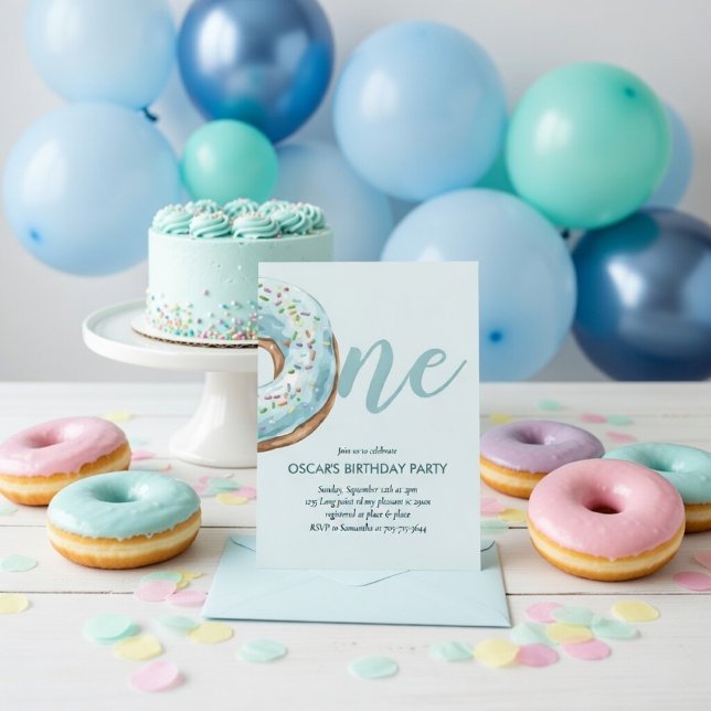 Convite de Aniversário de 1 Ano com Donut Azul Pas (Criador carregado)