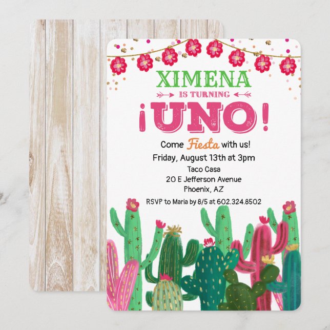 Convite de Aniversário de 1 Ano com Festa Cactus (Frente/Verso)
