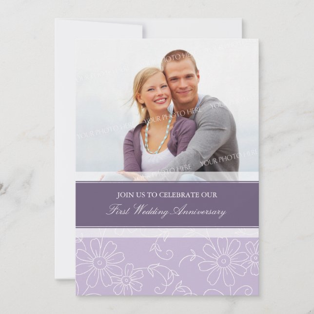 Convite de Aniversário de 1 Ano com Floral Roxo (Frente)