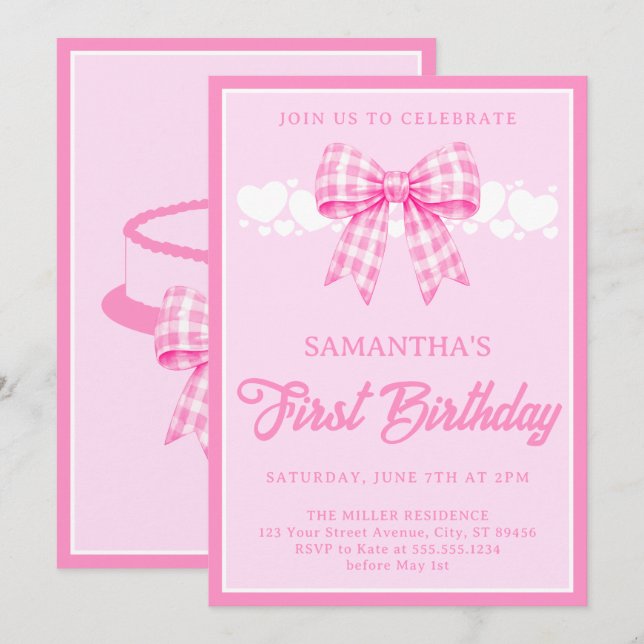 Convite de Aniversário de 1 Ano com Laço Gingham R (Frente/Verso)