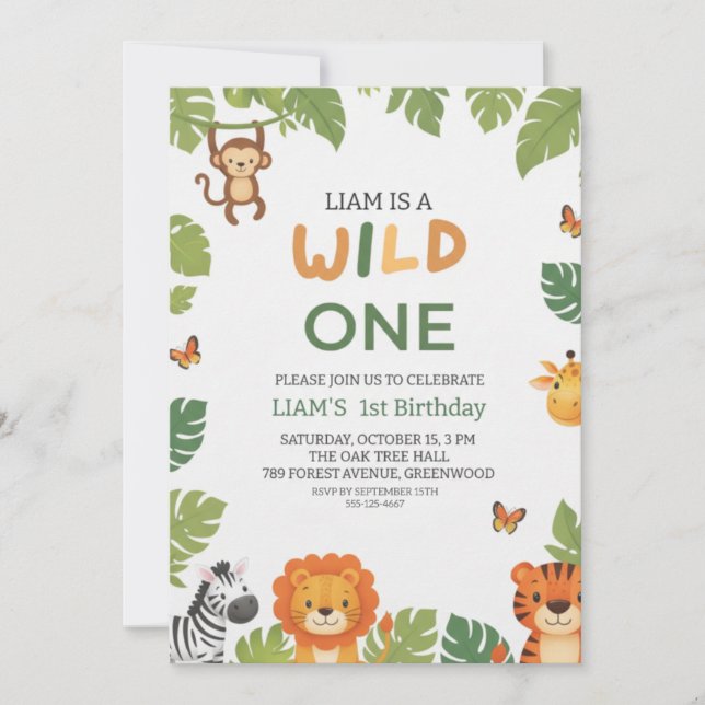 Convite de Aniversário de 1 Ano com Tema de Selva  (Frente)