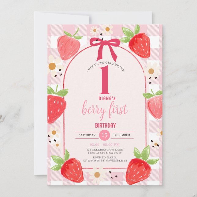 Convite de Aniversário de 1 Ano Coquette Morango (Frente)