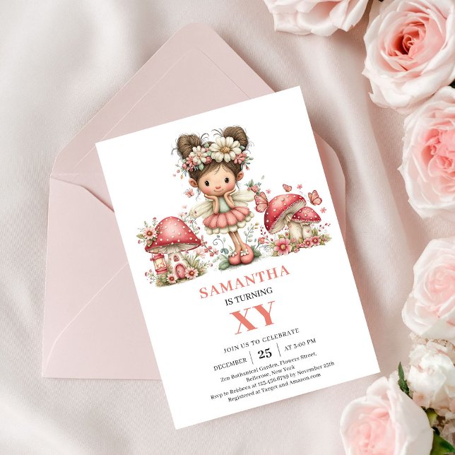 Convite de Aniversário de 1 ano da Fada Meiga Cogu (Tender Fairy 1st Birthday Pink Mushroom Invitation)